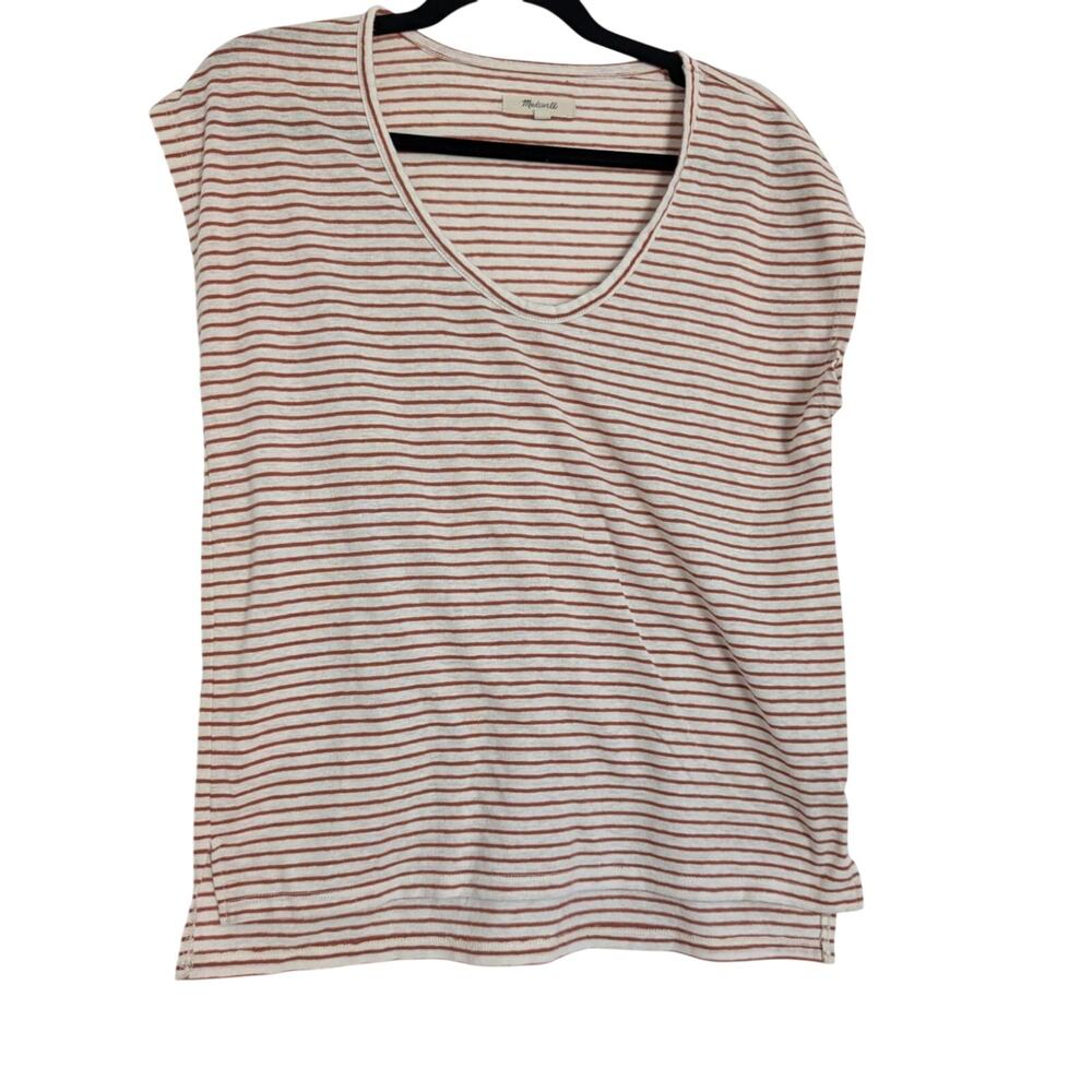 Madewell XS Linen Blend Striped White Orange V Neck Boxy Casual Top Blouse